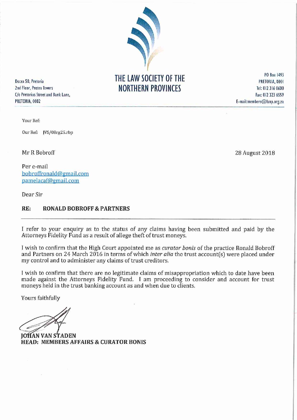Annexure 21 Letter from Court appointed curator Johan van Staden dated 28 August 2018 page 001 1