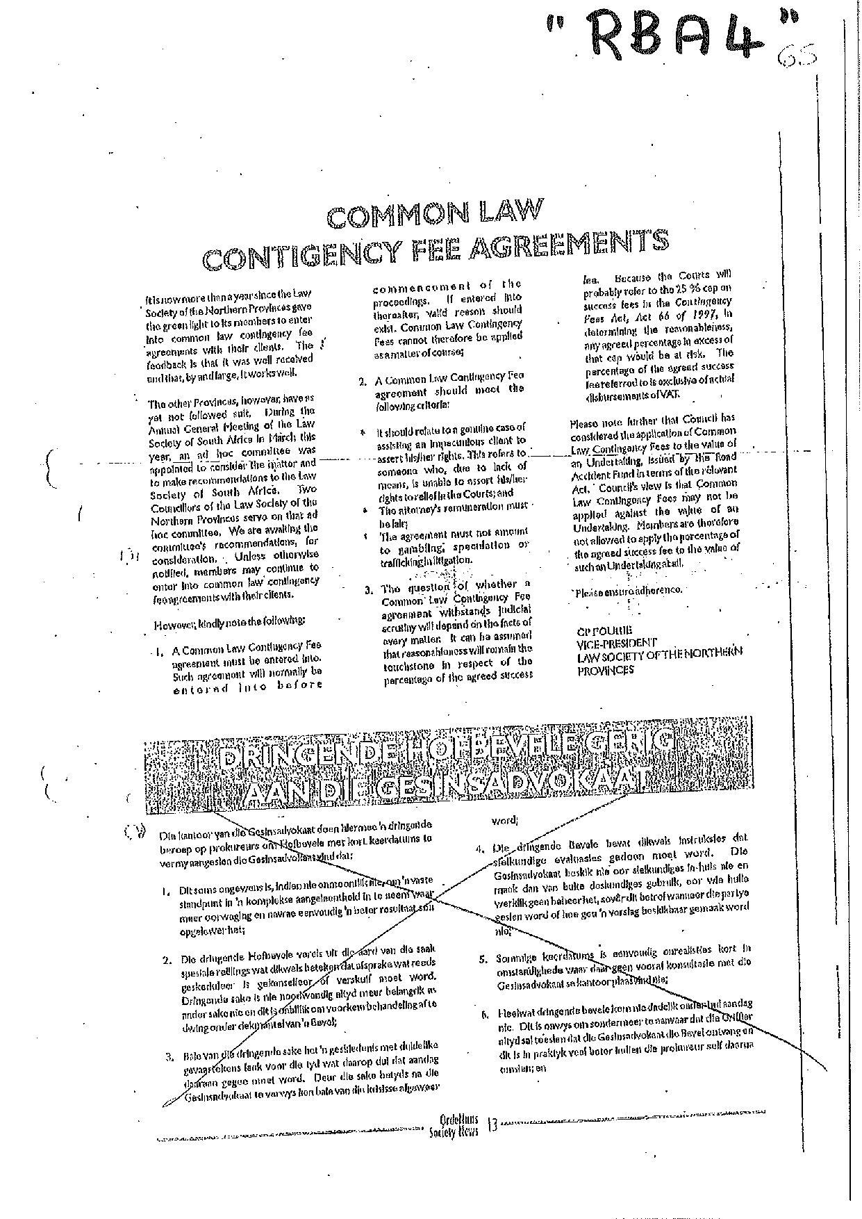 Annexure RBA4 Common Law Contingency Fee Agreements Further confirmation of ruling by LSNP page 001
