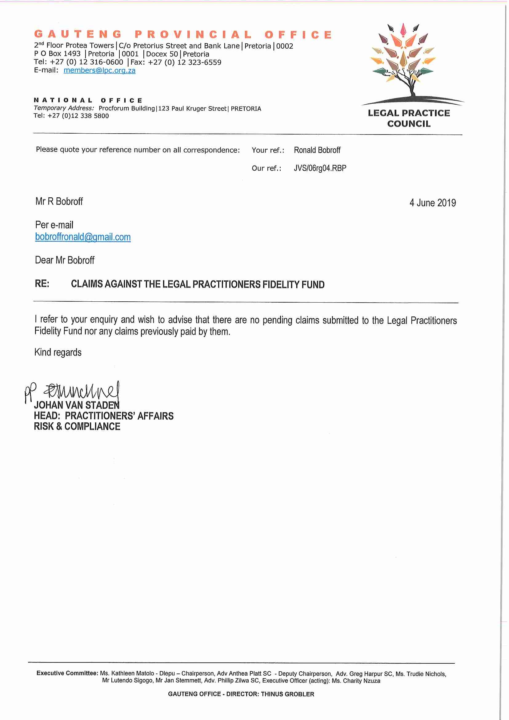 Latest letter from Johan van Staden re no claims dated 4 June 2019 1